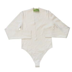 GAUGE 81 Herran Deep V Beige Long Sleeve Thong Bodysuit in Neutral Size Medium